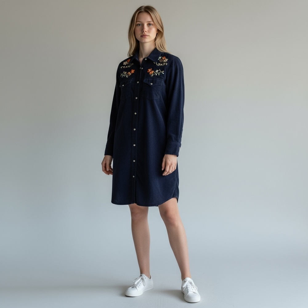 Ivy Jane Navy Blue Corduroy Embroidered Pearl Snap Dress Size Small - Picture 10 of 11